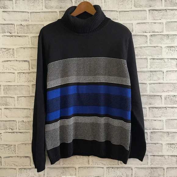 Women’s Karen Scott black with blue stripes turtleneck sweater 100% cotton XL - Picture 1 of 3